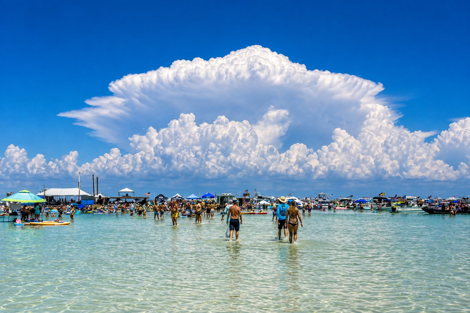 Aerial view of the 2025 Boca H2O Music Festival with boats and crowds gathered at Boca Grande Sandbar in Southwest Florida