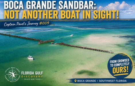 Aerial view of Boca Grande Sandbar and Placida Trestle at low tide during Captain Pavel’s Southwest Florida journey.