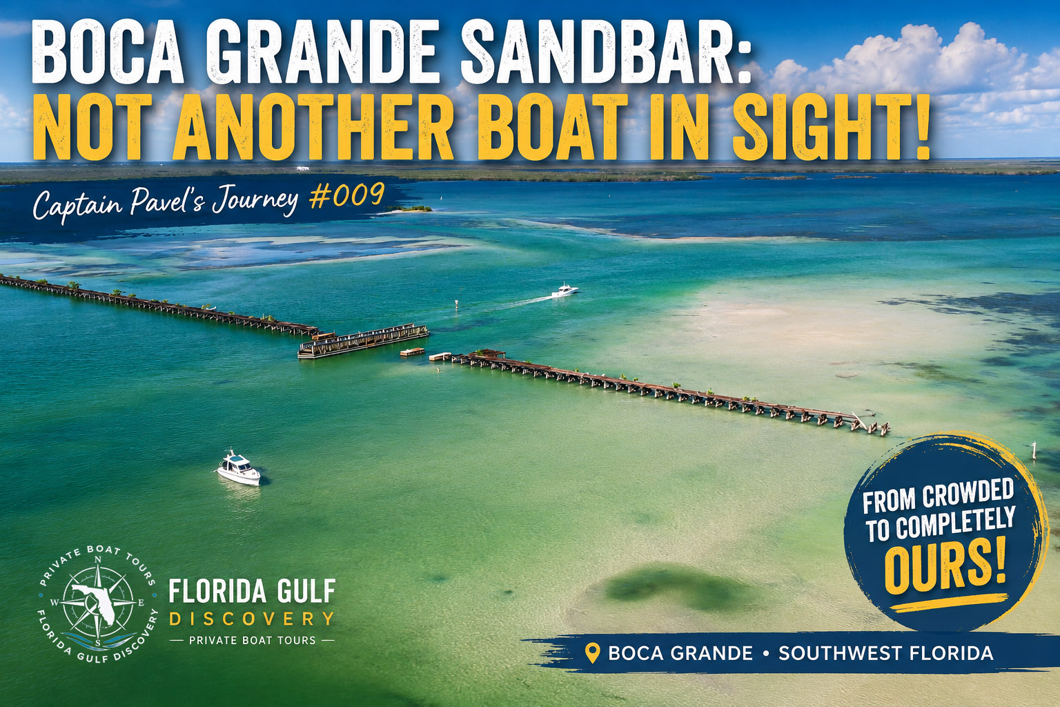 Aerial view of Boca Grande Sandbar and Placida Trestle at low tide during Captain Pavel’s Southwest Florida journey.