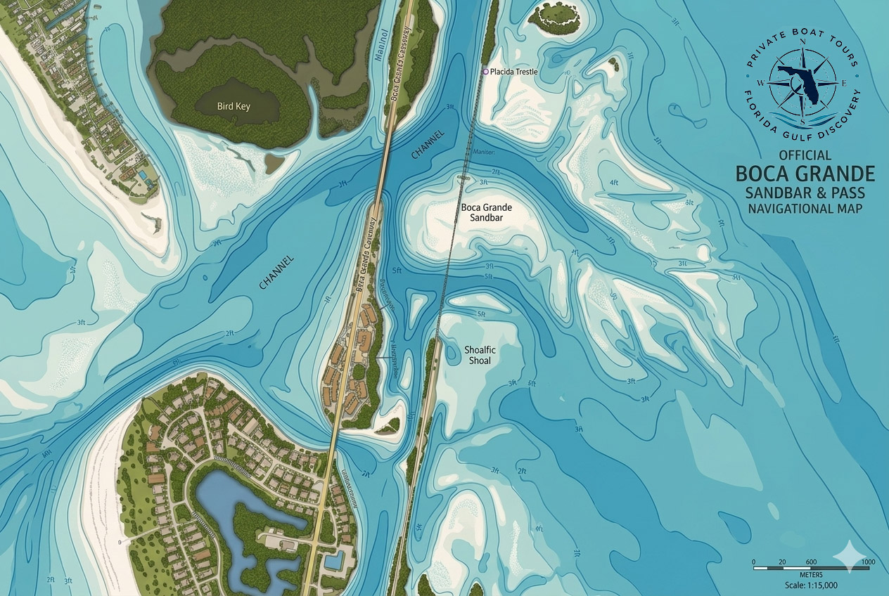 Illustrated navigational map of Boca Grande Sandbar and surrounding waterways near Placida, Florida, showing channels, shoals, water depths, Bird Key, and the Placida Trestle.