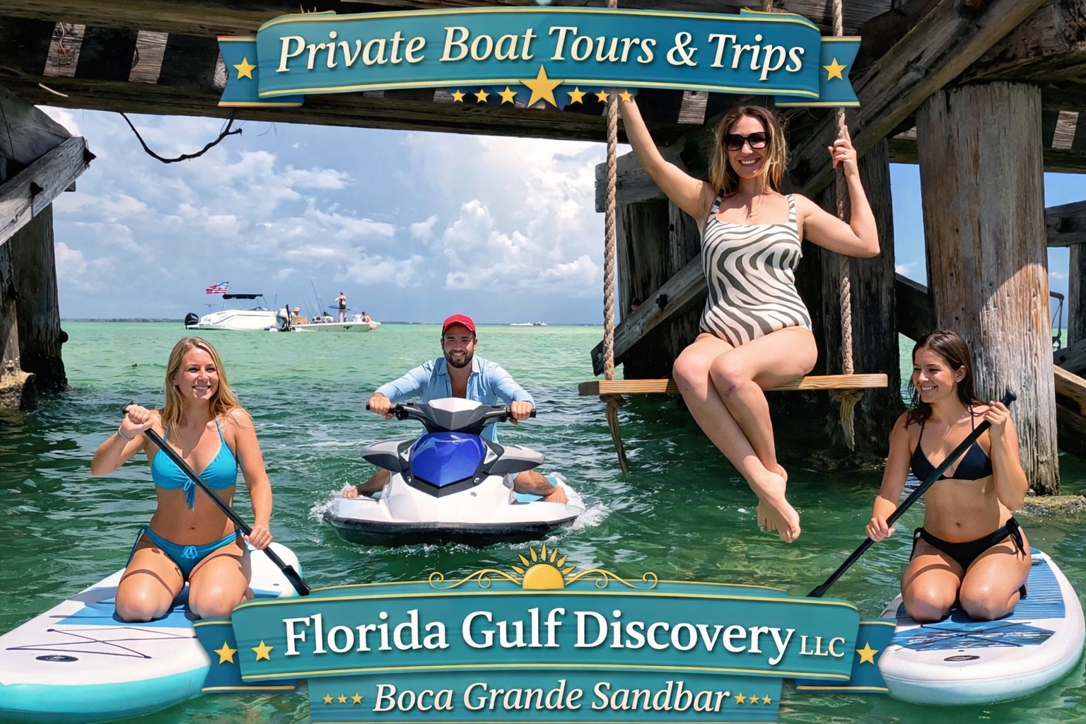 Florida Gulf Discovery private boat tour anchored in the clear shallow water of Boca Grande Sandbar, Southwest Florida