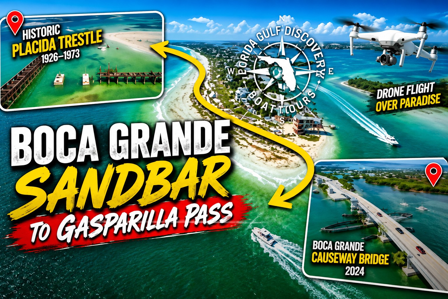Aerial drone view from Boca Grande Sandbar to Gasparilla Pass in Southwest Florida