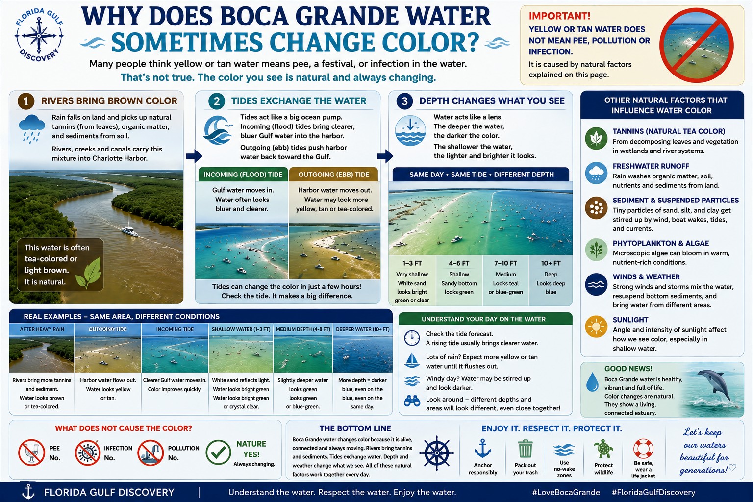 Infographic explaining how rivers, tides and water depth influence water color and clarity around Boca Grande and Charlotte Harbor