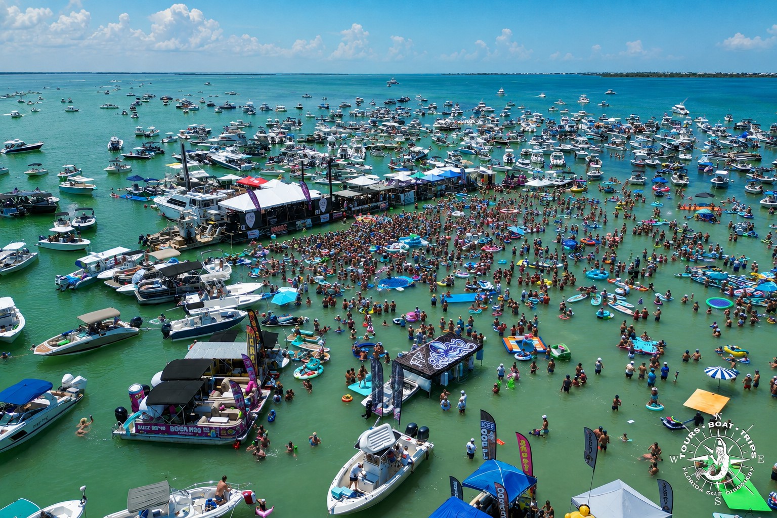 Aerial view of Boca H2O Memorial Day boat gathering at Boca Grande Sandbar in Southwest Florida