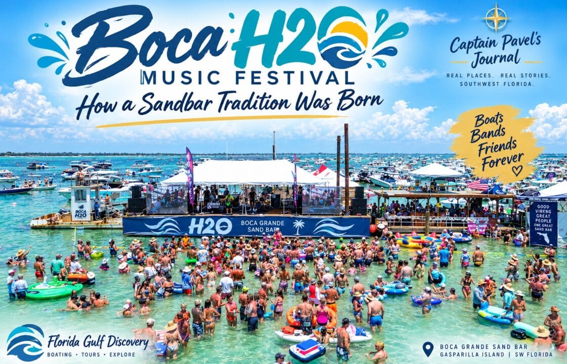 Boca H2O Music Festival at Boca Grande Sandbar with boats, live music and crowds celebrating the Memorial Day tradition in Southwest Florida.