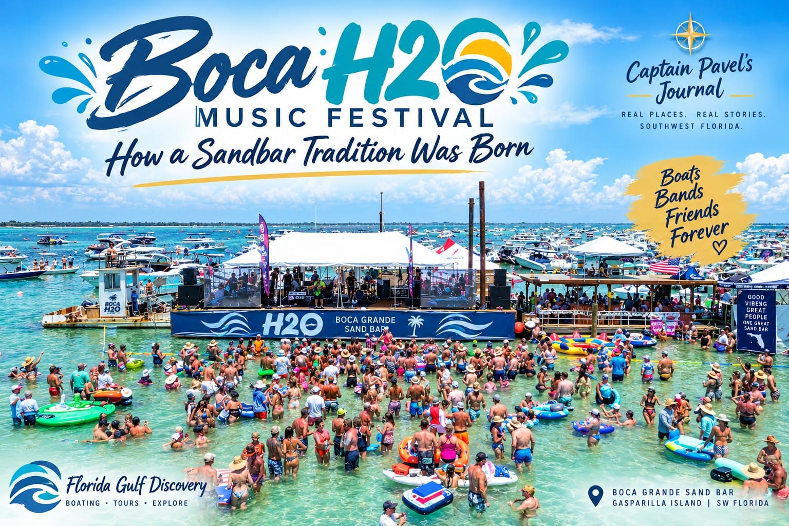 Boca H2O Music Festival at Boca Grande Sandbar with boats, live music and crowds celebrating the Memorial Day tradition in Southwest Florida.