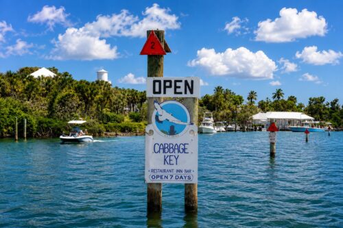 Cabbage Key entrance channel marker for the restaurant, inn and marina in Pine Island Sound, Southwest Florida.