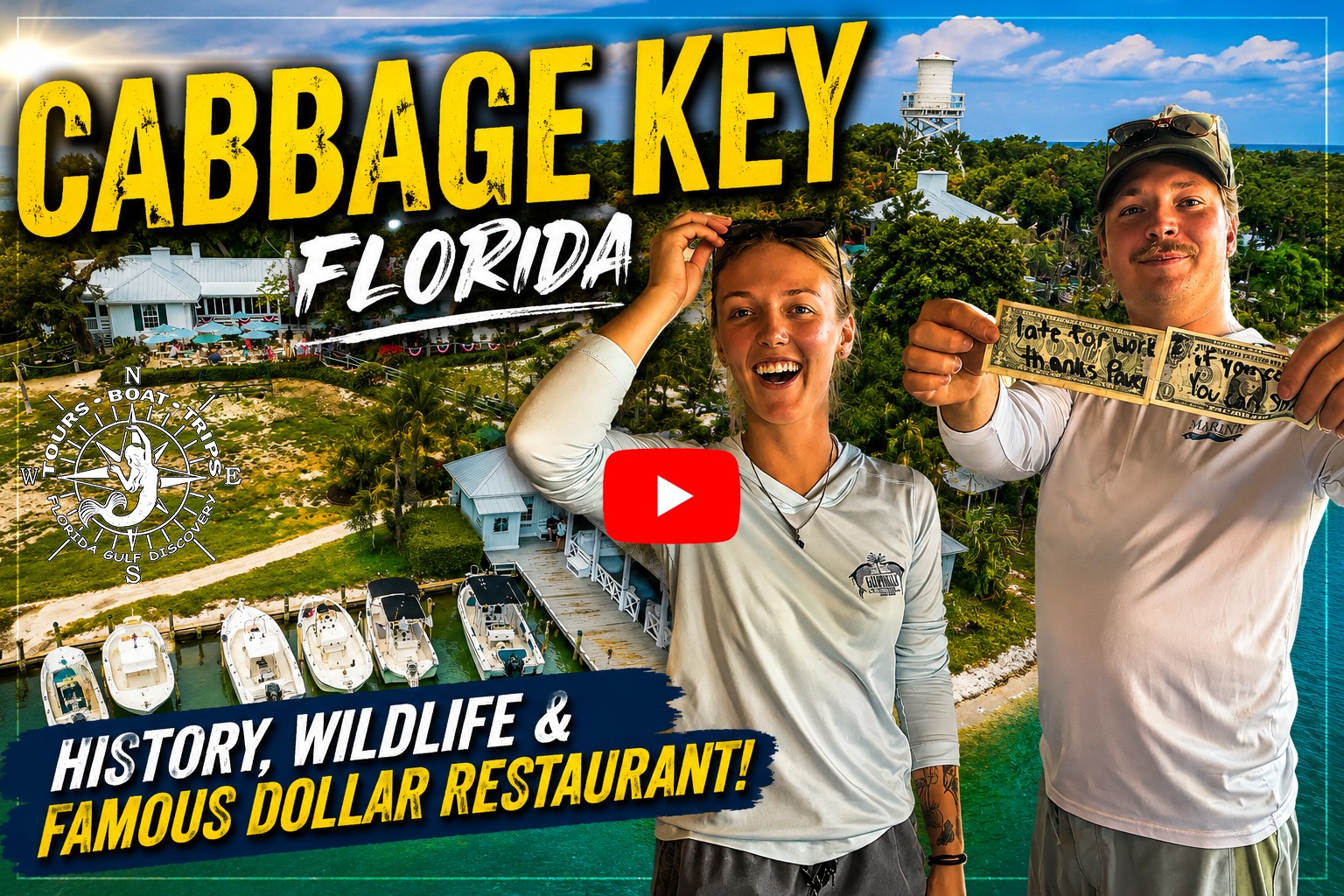 Cabbage Key in Pine Island Sound, Florida, featuring island history, wildlife and the famous dollar-bill-covered Cabbage Key Inn and Restaurant.