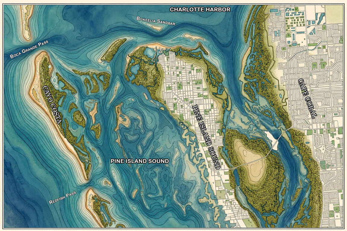 Illustrated map showing Cape Coral, Pine Island Sound, Charlotte Harbor, Cayo Costa, Boca Grande Pass, Redfish Pass and Bokeelia Sandbar in Southwest Florida.