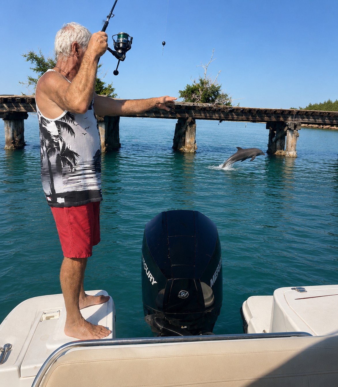 Captain Pavel watching a wild bottlenose dolphin leap from the water near the historic Placida Trestle in Southwest Florida.