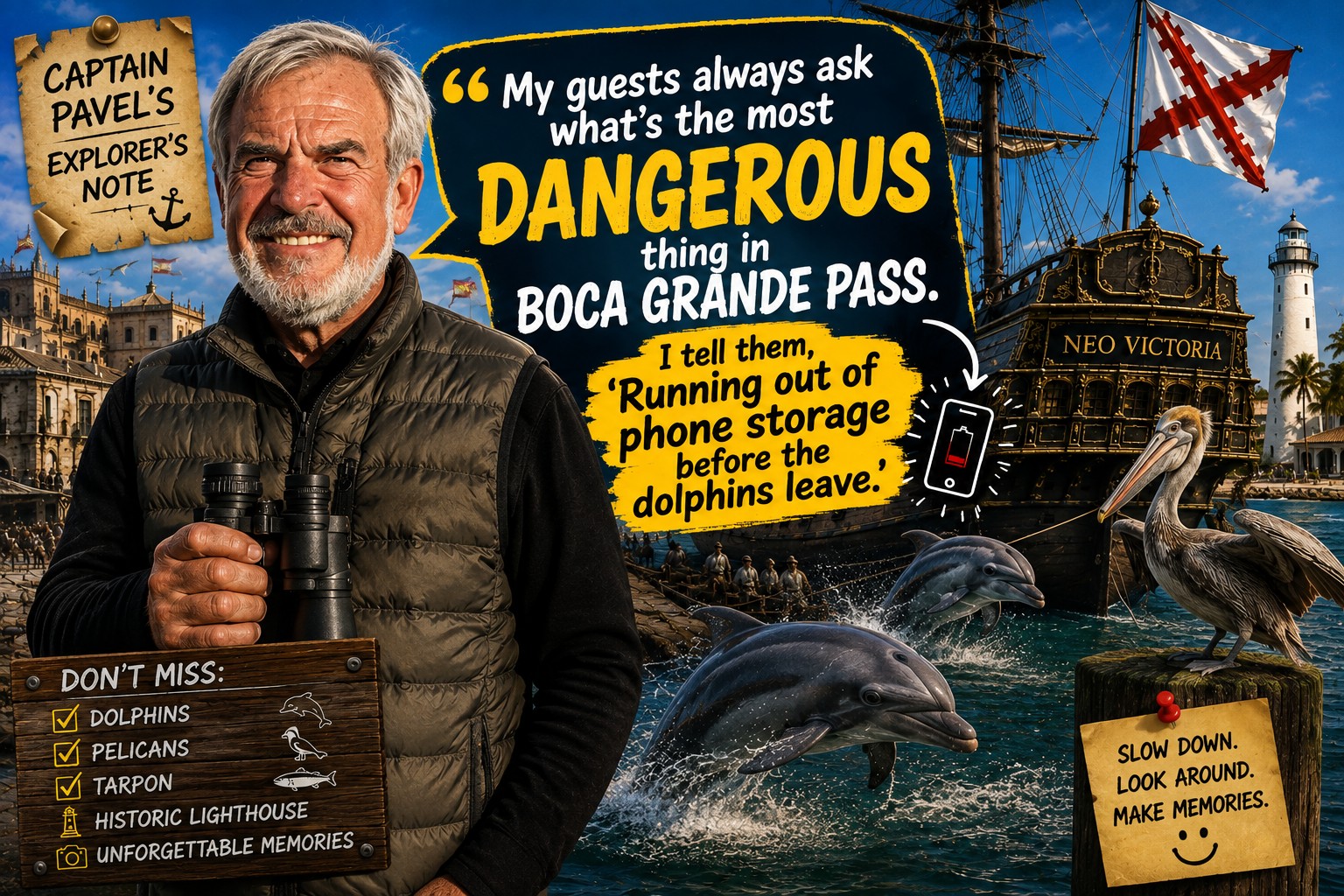 Captain Pavel with dolphins at Boca Grande Pass reminding guests that the biggest danger is running out of phone storage