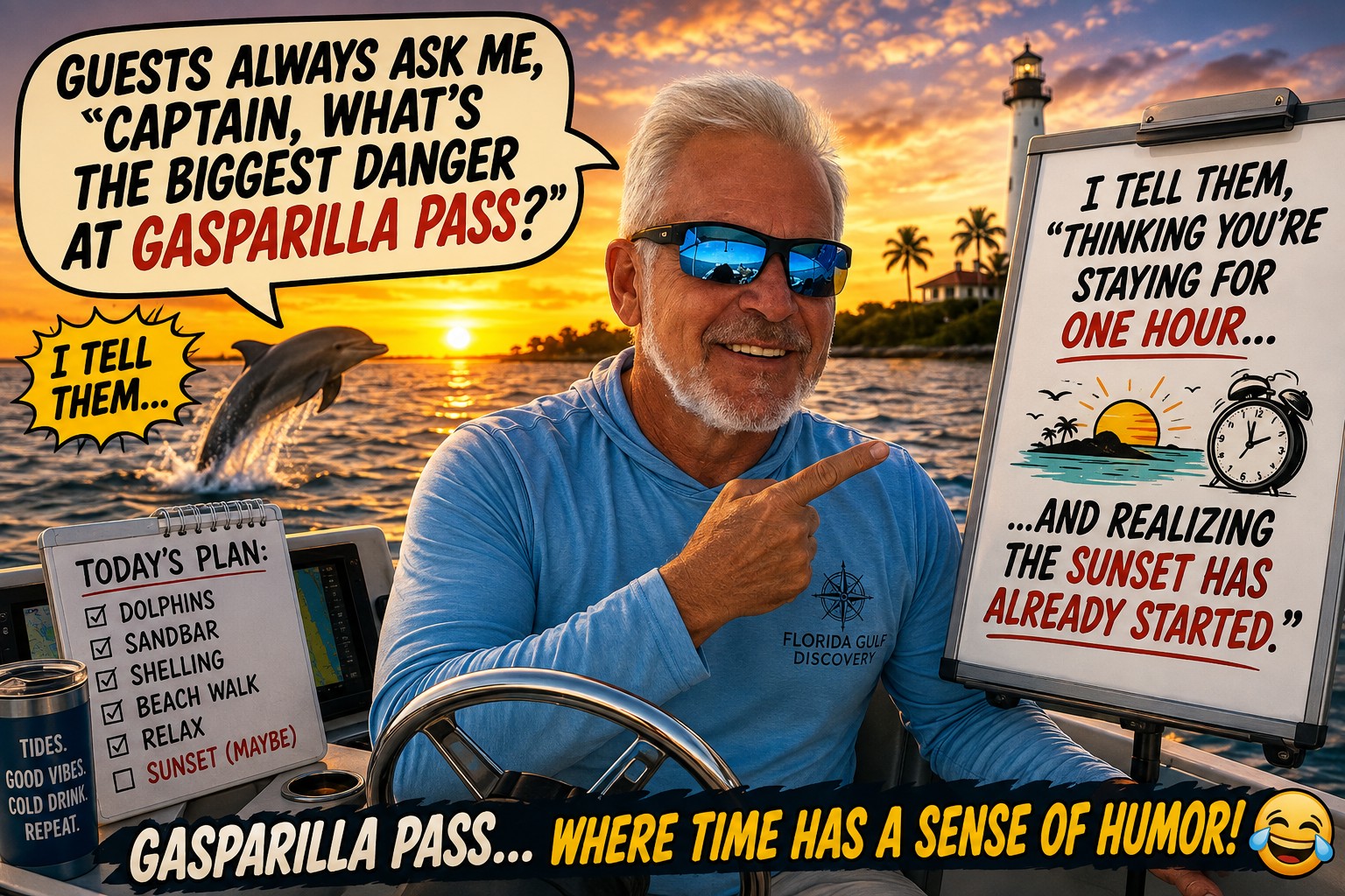 Captain Pavel's humorous Explorer's Note for Gasparilla Pass, Southwest Florida