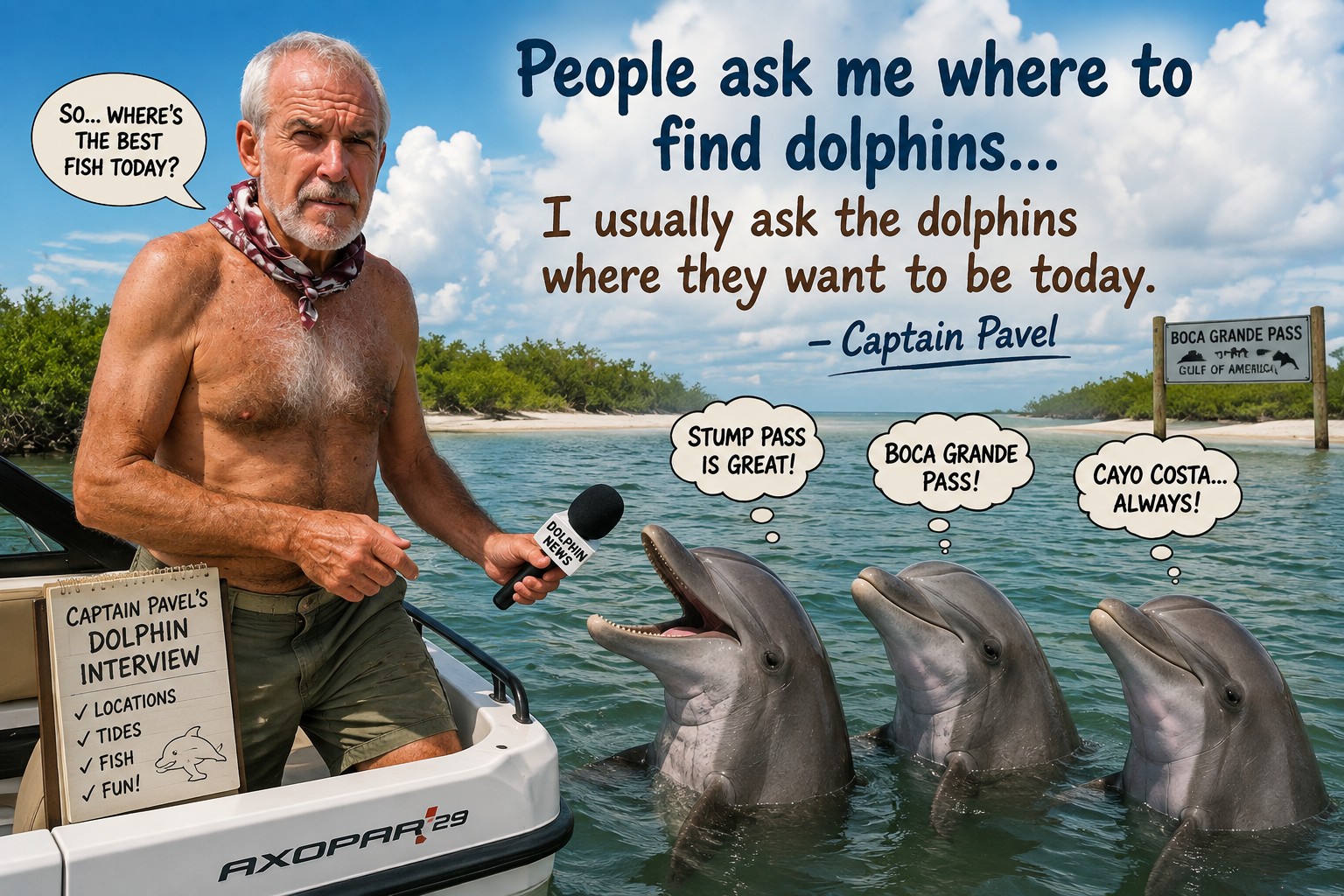 Captain Pavel interviewing playful bottlenose dolphins during a private boat tour in Southwest Florida