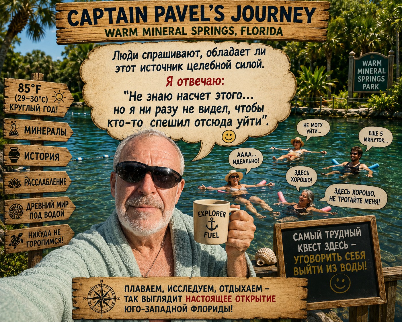 Captain Pavel's humorous Explorer's Note at Warm Mineral Springs, North Port, Florida