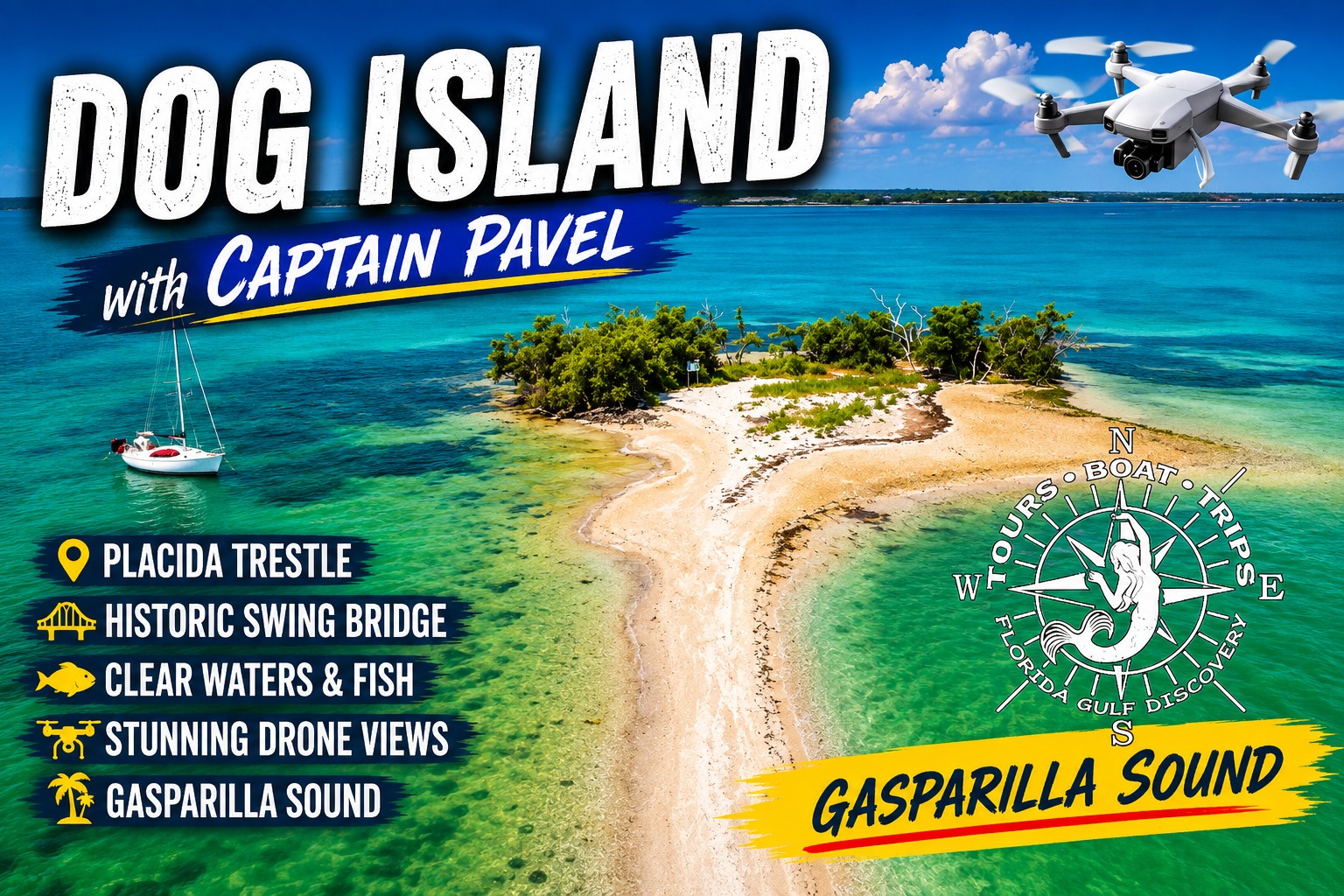 Drone view of Dog Island in Gasparilla Sound, Southwest Florida, explored by Captain Pavel.