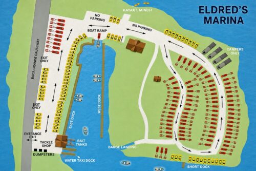 Eldred’s Marina map in Placida, Florida, showing the boat ramp, trailer parking, docks, kayak launch, water taxi dock, and Boca Grande Causeway entrance.