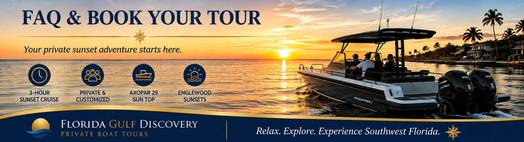 FAQ and booking information for private sunset boat tours in Englewood Florida with Captain Pavel
