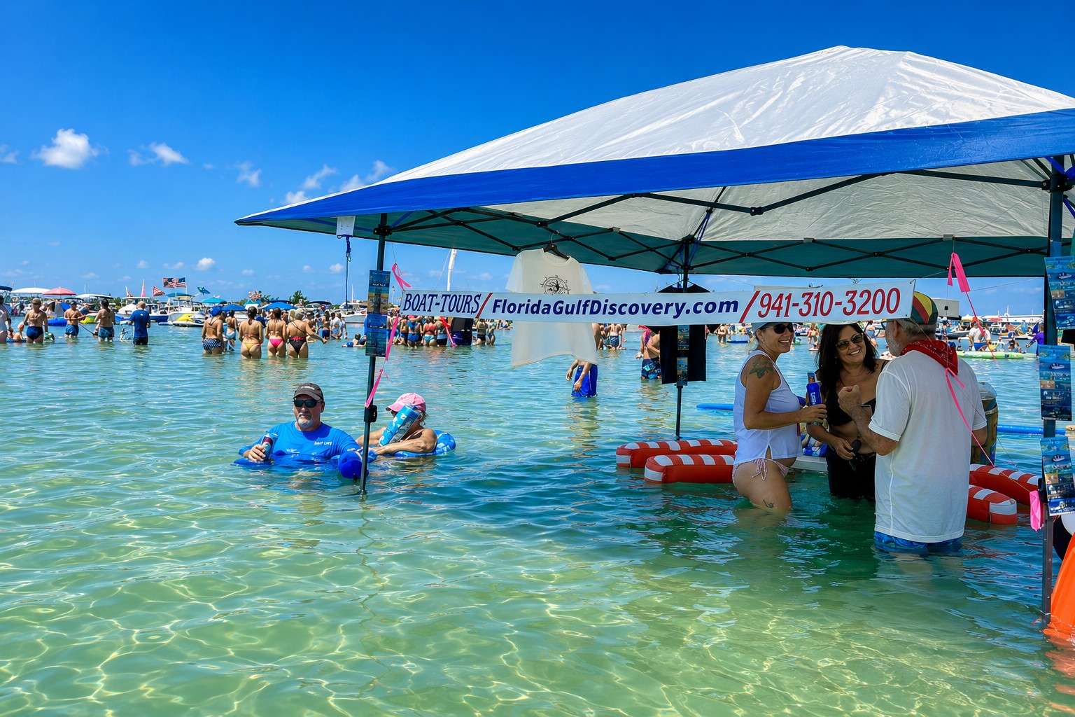 Florida Gulf Discovery view of boats and crowds at the 2025 Boca H2O Music Festival on Boca Grande Sandbar in Southwest Florida