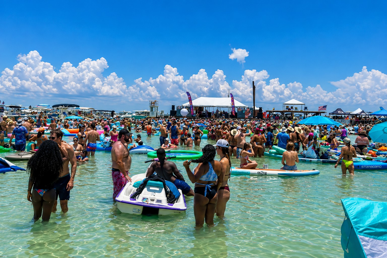 Crowd gathered in the shallow water at the 2025 Boca H2O Music Festival at Boca Grande Sandbar, Southwest Florida