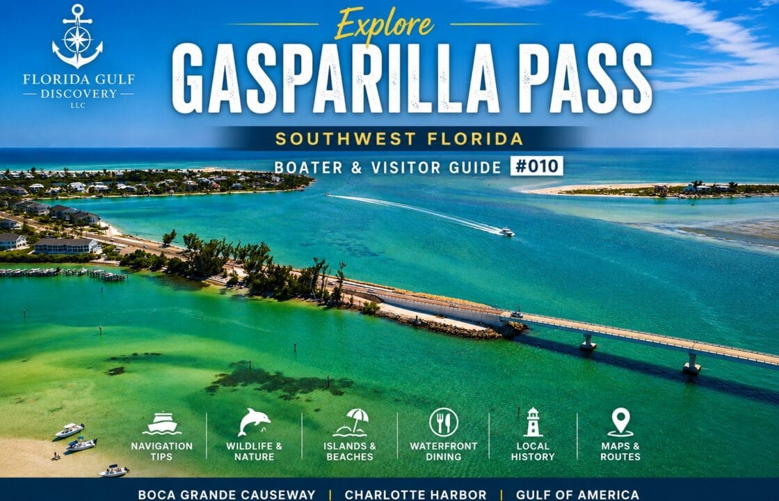 Featured image for Gasparilla Pass, Southwest Florida Boater & Visitor Guide #010 showing an aerial view of Boca Grande Causeway, Charlotte Harbor, and the Gulf of America.