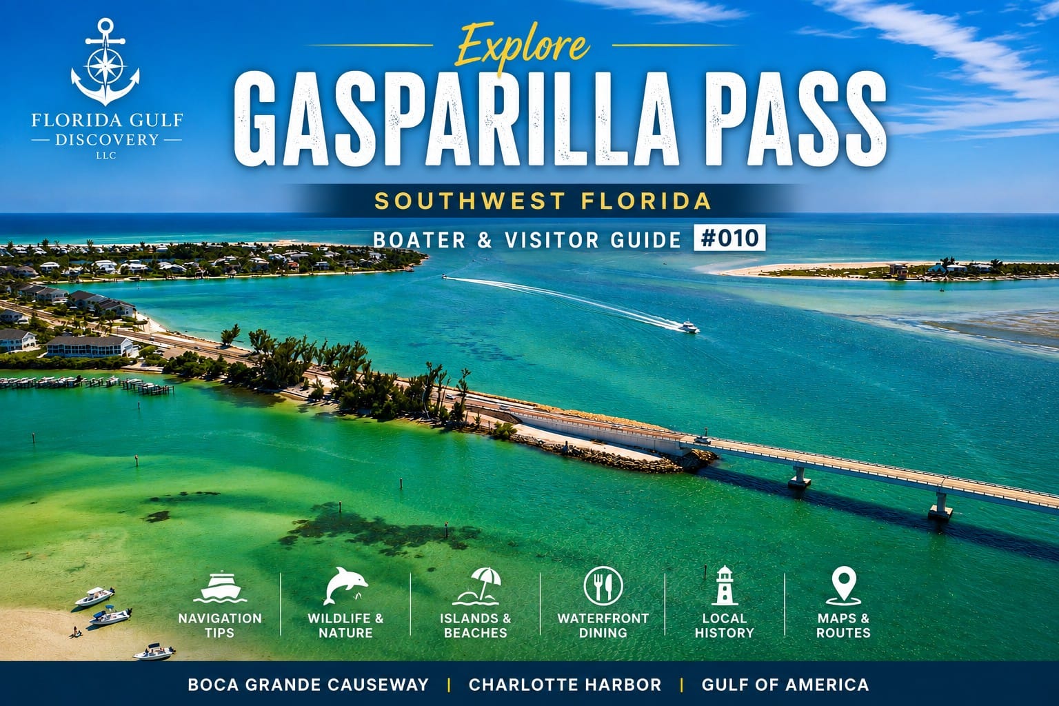 Featured image for Gasparilla Pass, Southwest Florida Boater & Visitor Guide #010 showing an aerial view of Boca Grande Causeway, Charlotte Harbor, and the Gulf of America.