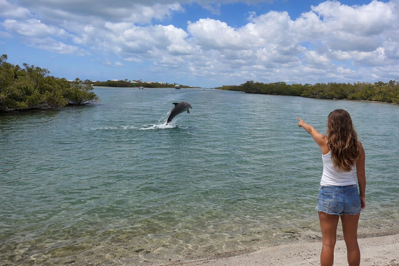 Young girl watching a wild bottlenose dolphin leap from the water near Englewood, Southwest Florida.