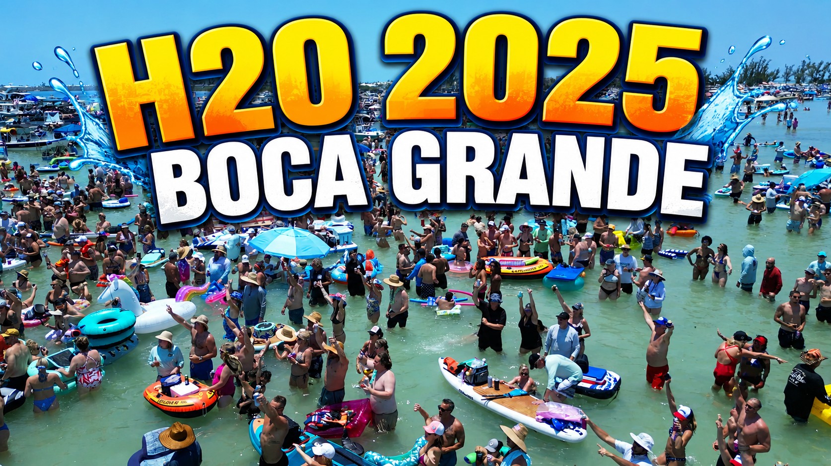 Boca H2O 2025 Memorial Day boating event at Boca Grande, Florida, with boats gathered around the floating concert stage.