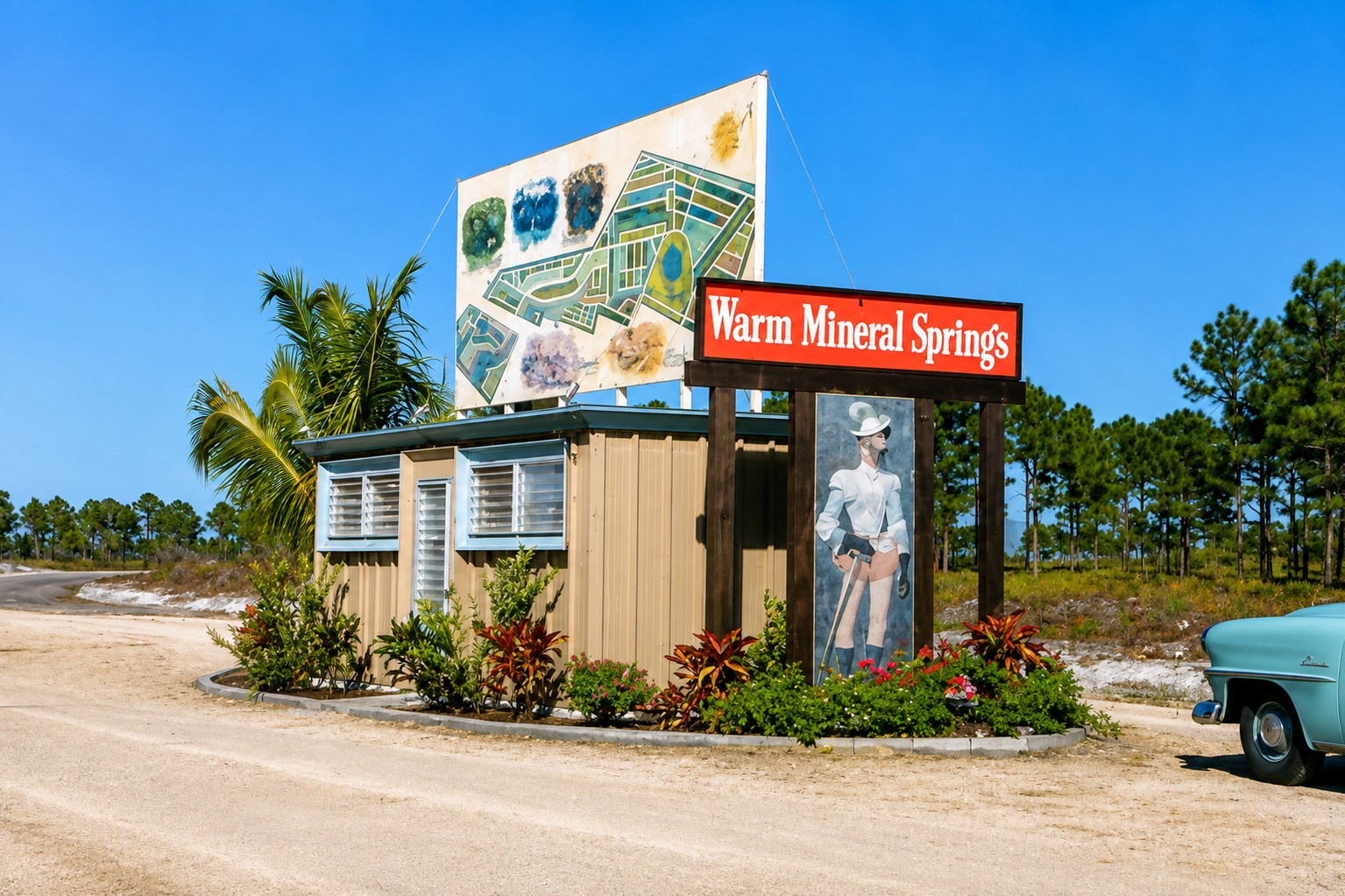 Historic entrance sign to Warm Mineral Springs in North Port, Florida, restored from a 1955 photograph