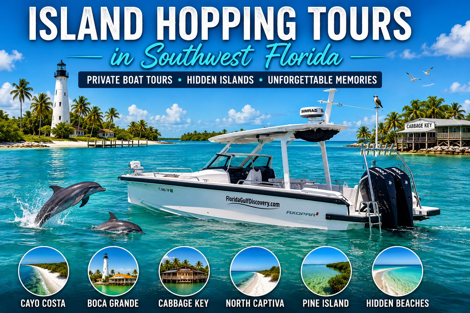 Private island hopping boat tours in Southwest Florida exploring Cayo Costa, Boca Grande, Cabbage Key, North Captiva, Pine Island and hidden beaches.