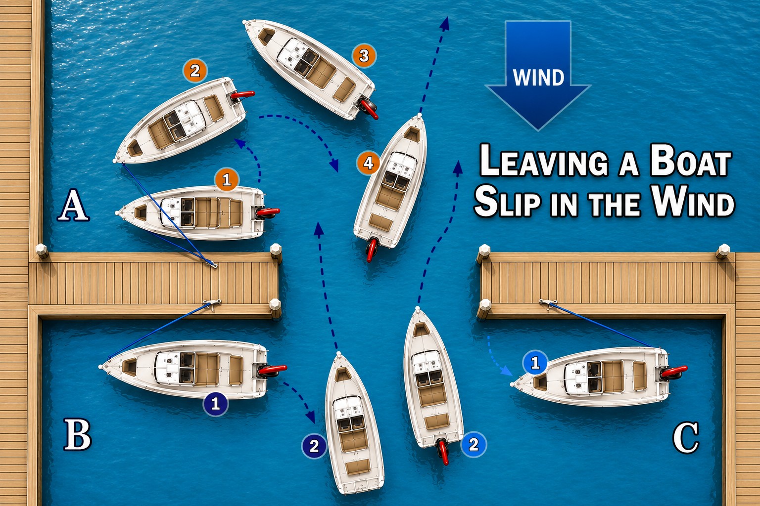 Leaving a boat slip in the wind showing proper boat handling technique by Captain Pavel