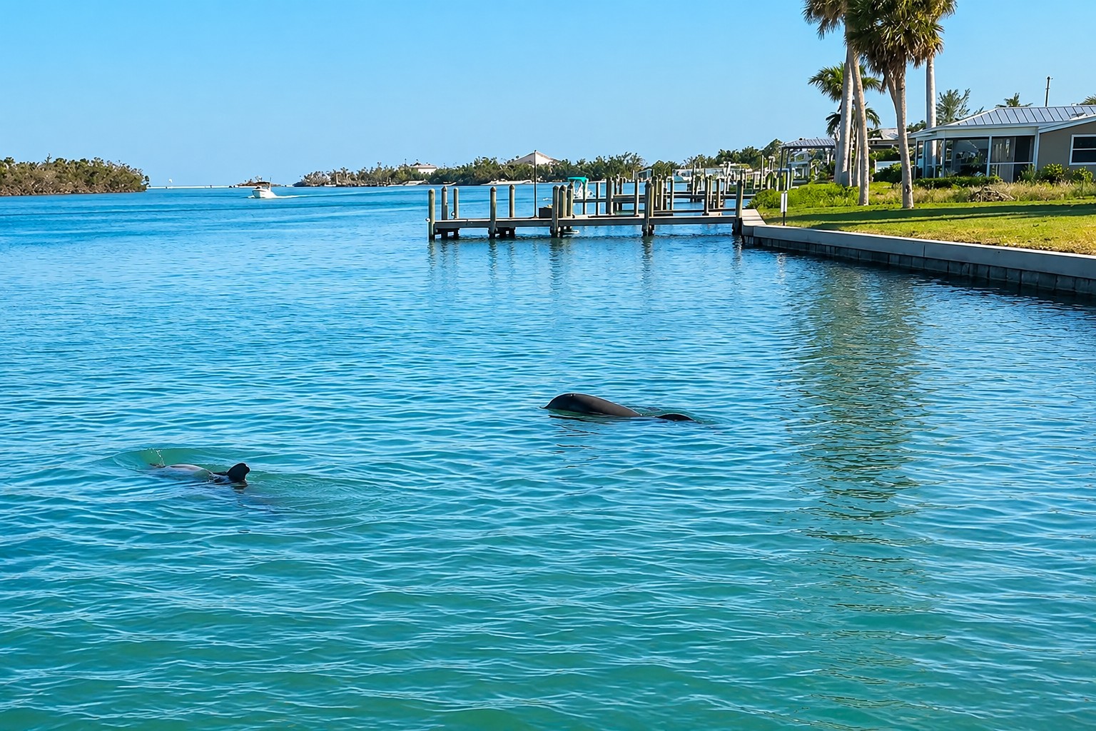 Wild bottlenose dolphins swimming near the waterfront homes of Lemon Bay West in Englewood, Southwest Florida.