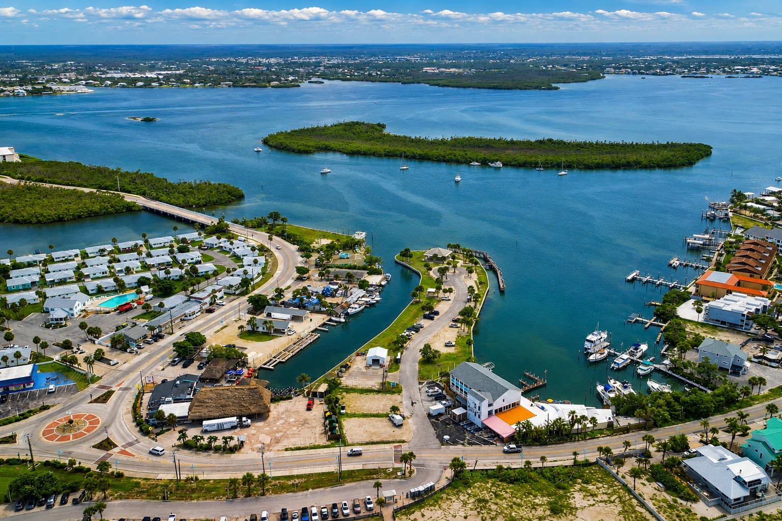 Aerial view of Manasota Key and Lemon Bay near Englewood Florida showing the barrier island and coastal waterways