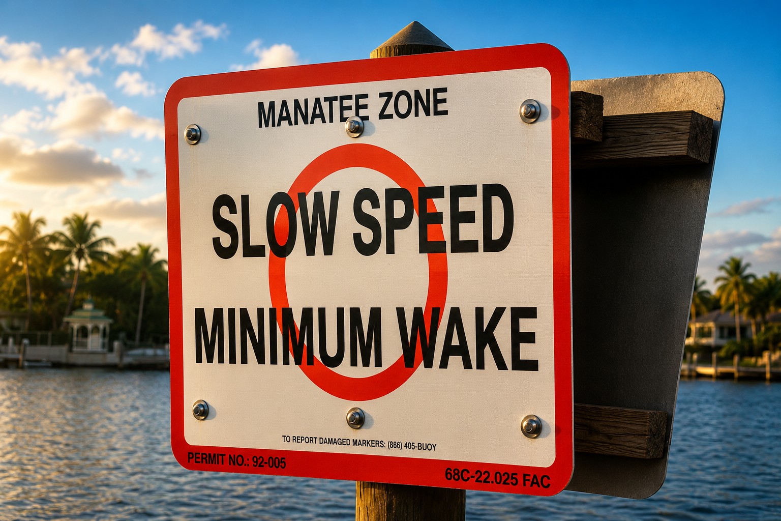 Manatee zone slow speed minimum wake sign explaining boating safety requirements in Florida waterways