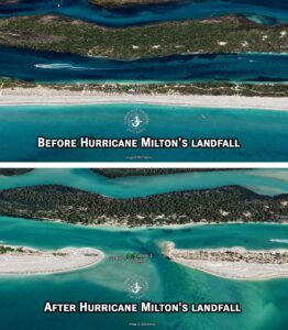 Before and after aerial comparison showing Milton Pass created by Hurricane Milton at Stump Pass Beach State Park in Southwest Florida.