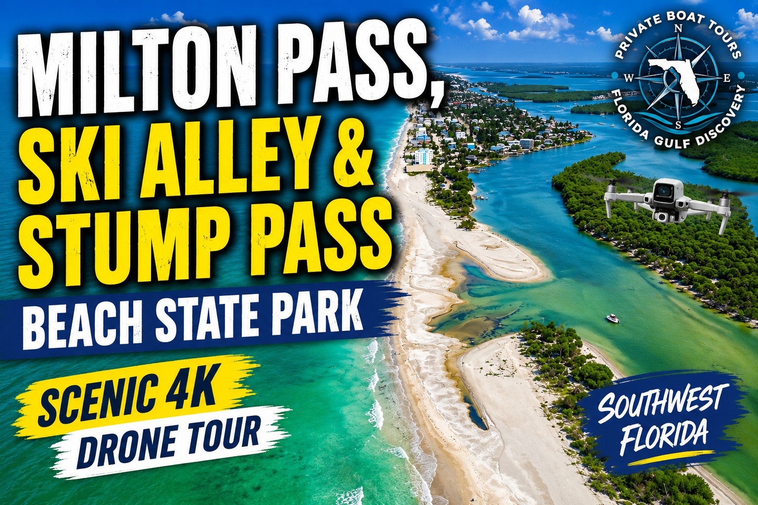 Aerial drone view of Milton Pass, Ski Alley and Stump Pass Beach State Park on Manasota Key in Southwest Florida.