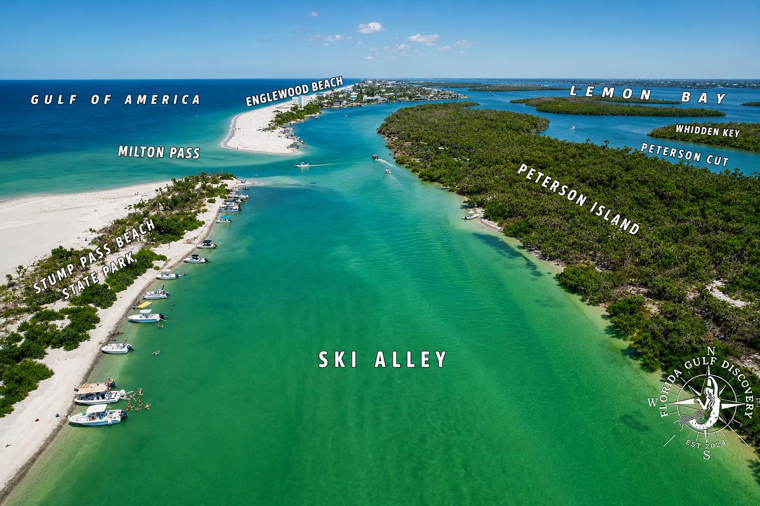Aerial view of Milton Pass, Ski Alley and Stump Pass near Englewood and Manasota Key, Florida, showing shallow waterways, barrier islands and the changing Southwest Florida coastline.