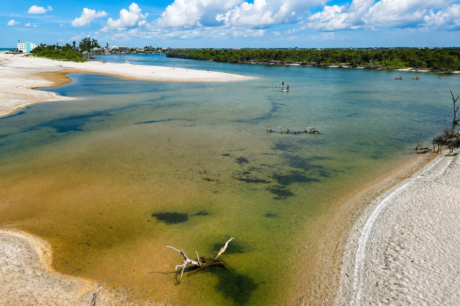 August 2026 aerial view of the former Milton Pass area near Stump Pass Beach State Park and Lemon Bay in Englewood, Florida