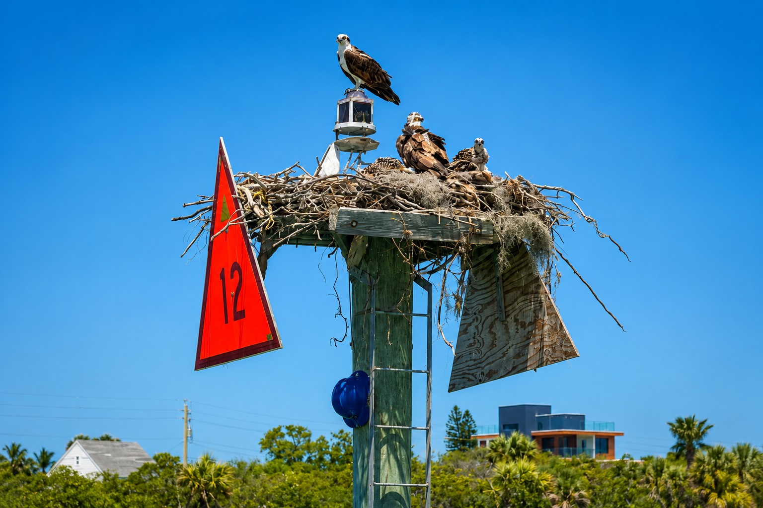 Osprey family nesting on navigation marker 12 near Venice Florida in Southwest Florida