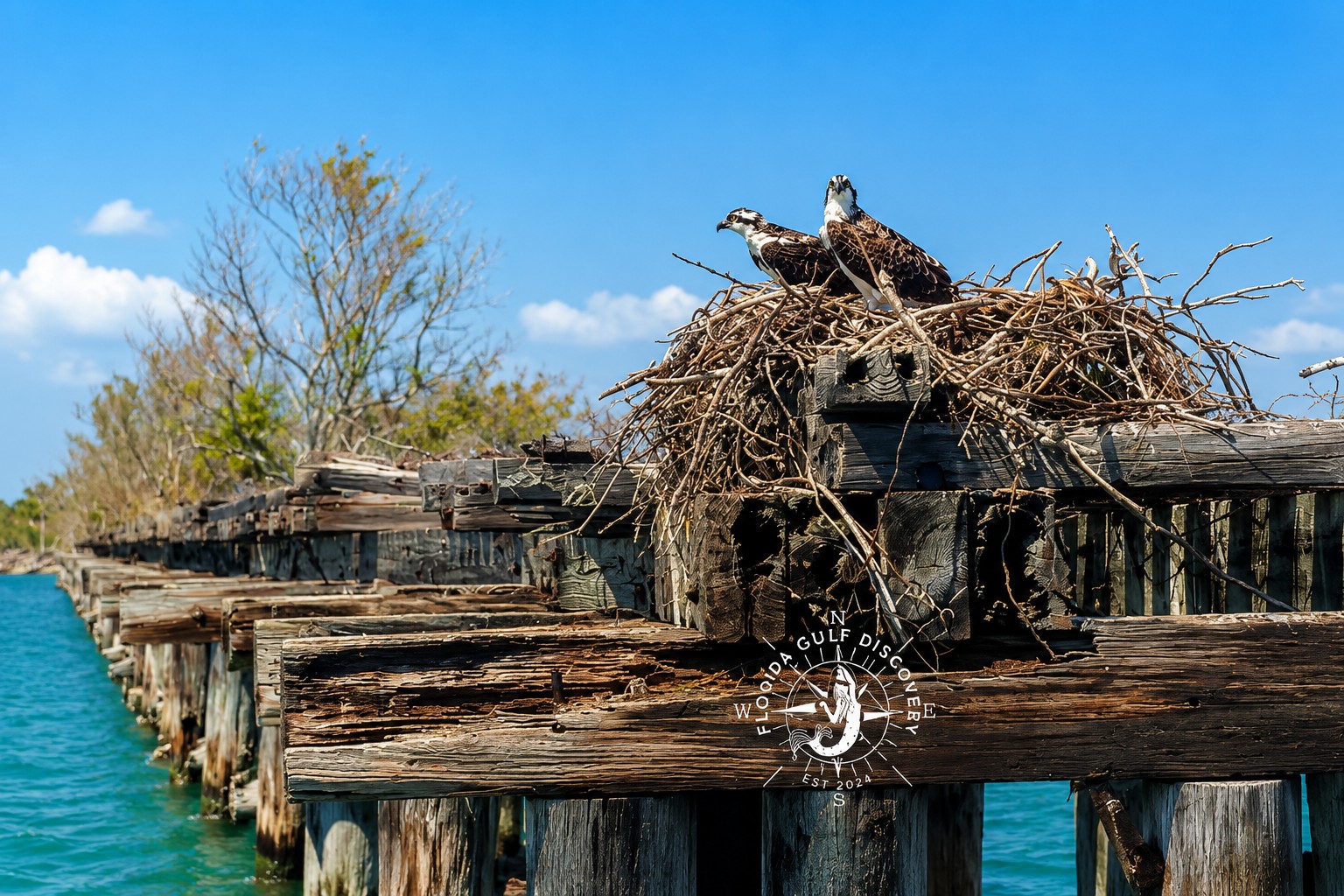 Pair of ospreys at a nest on the historic Boca Grande Trestle near Placida Florida