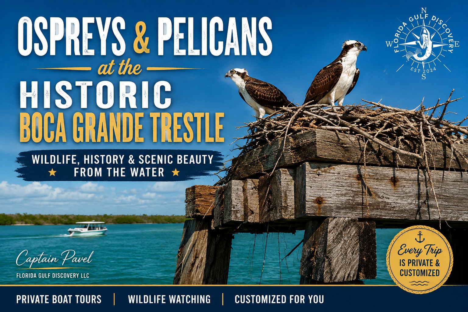 Ospreys at the historic Boca Grande Trestle in Southwest Florida with Captain Pavel