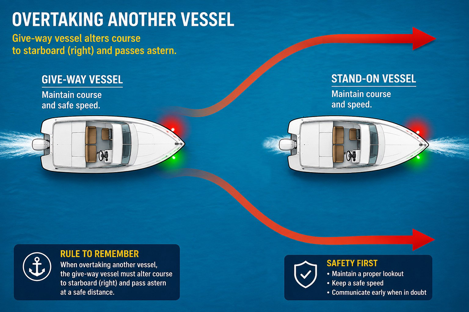 Overtaking another vessel showing give-way and stand-on vessel responsibilities for safe boating