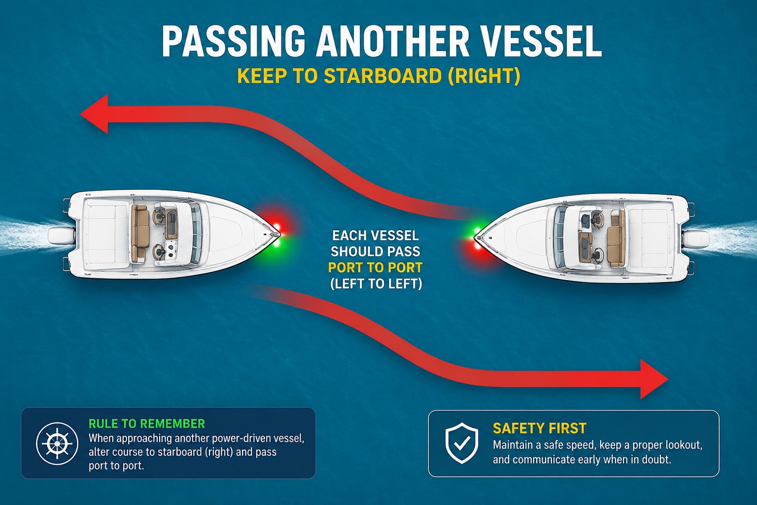Passing another vessel port to port showing safe meeting procedures between power-driven boats