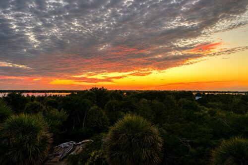 View across Pine Island Sound from the historic Cabbage Key water tower at sunset in Southwest Florida.