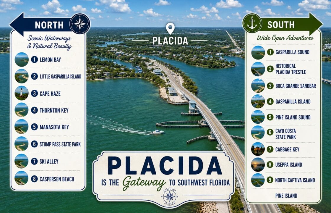Placida Florida gateway to Southwest Florida showing north and south boat tour destinations from Lemon Bay to Pine Island
