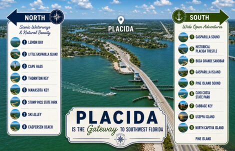 Placida Florida gateway to Southwest Florida showing north and south boat tour destinations from Lemon Bay to Pine Island