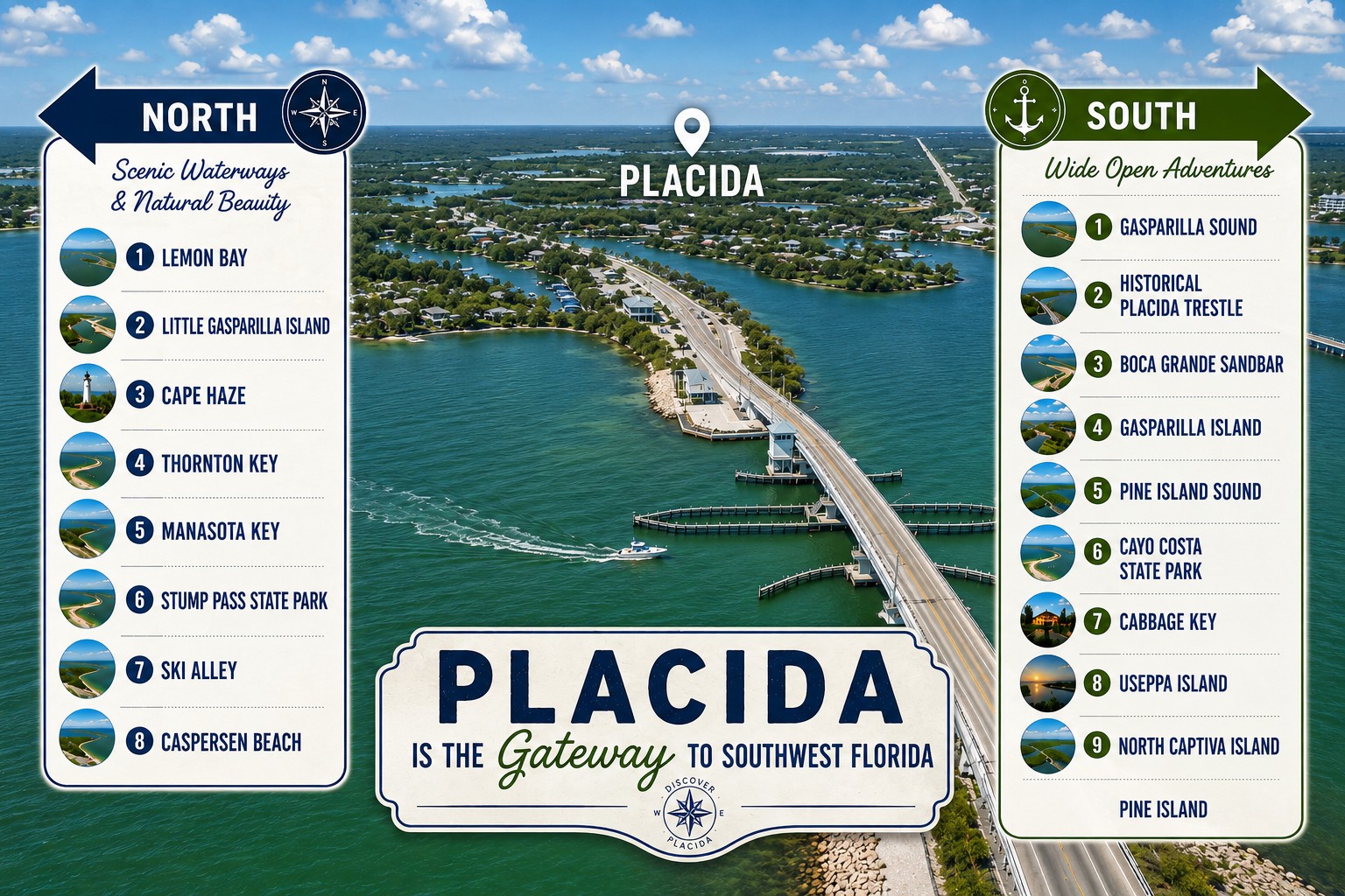 Placida, Florida, gateway to Southwest Florida boat tour destinations including Boca Grande, Gasparilla Island, Cayo Costa and Pine Island Sound.