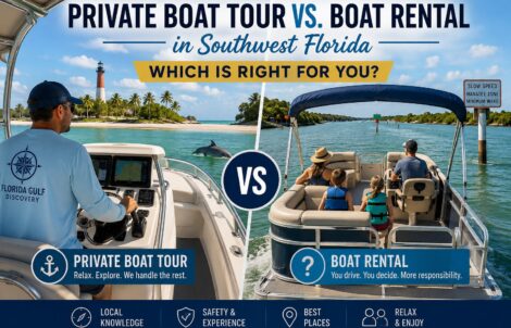 Private boat tour vs. boat rental in Southwest Florida comparison showing a captain-led tour and a family operating a rental boat.