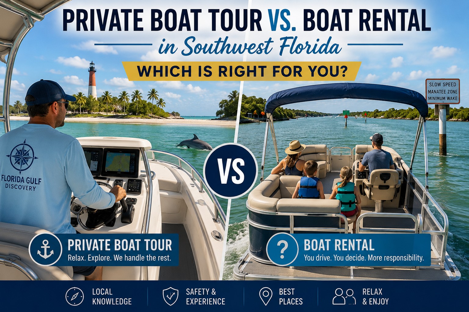 Private boat tour vs. boat rental in Southwest Florida comparison showing a captain-led tour and a family operating a rental boat.