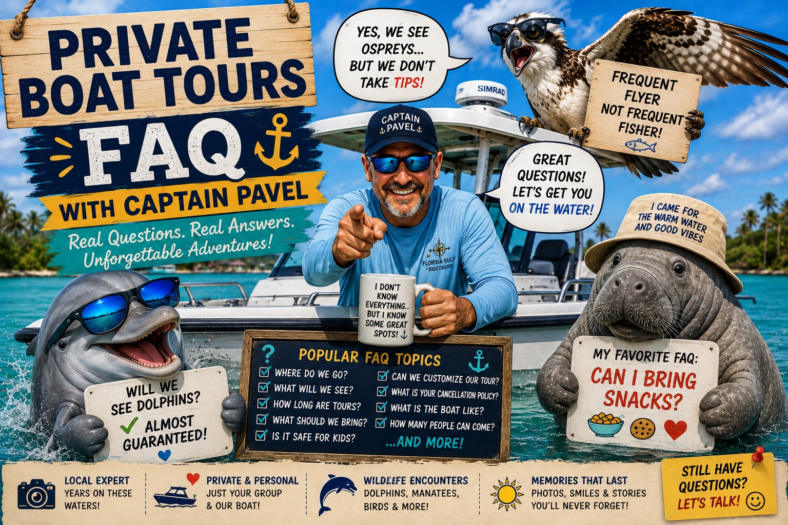 Private dolphin watching boat tours in Southwest Florida with Captain Pavel and Florida Gulf Discovery, exploring Boca Grande, Gasparilla Sound and surrounding coastal waters.