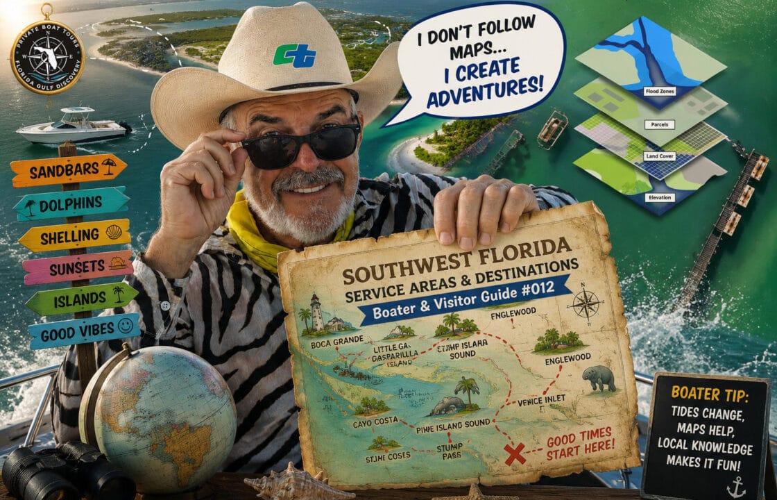 Captain Pavel featured image for Private Boat Tours in Southwest Florida, showing service areas and destinations for Florida Gulf Discovery Boater & Visitor Guide #012.